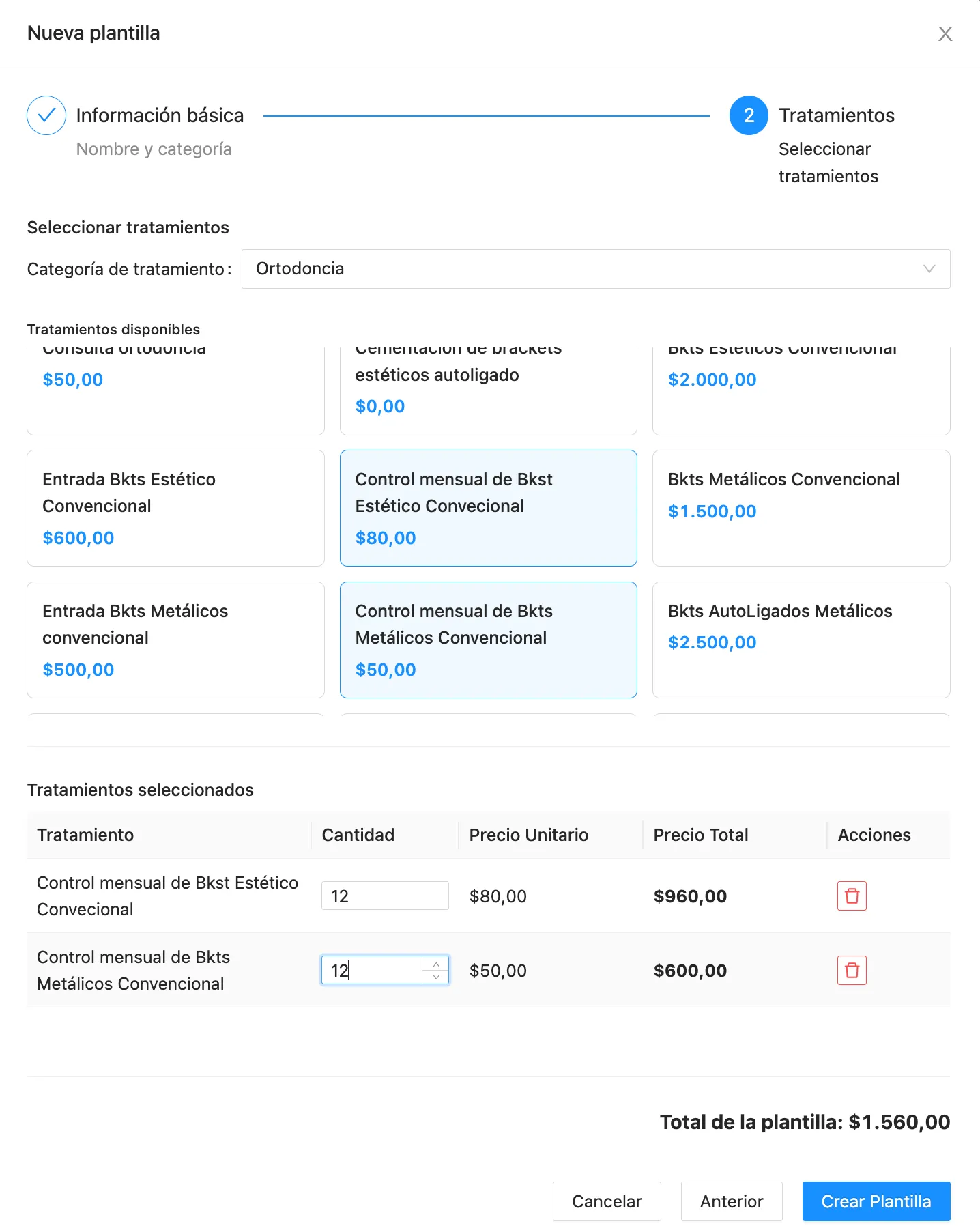 Crear plantilla de tratamientos