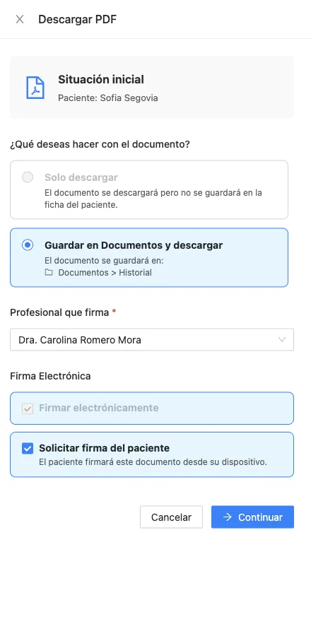 Panel para solicitar la firma del paciente