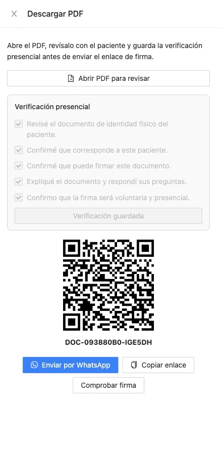 Código QR y enlace para enviar al paciente