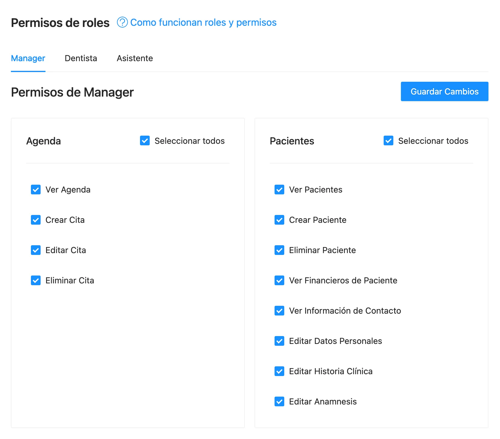 Interfaz de personalización de permisos